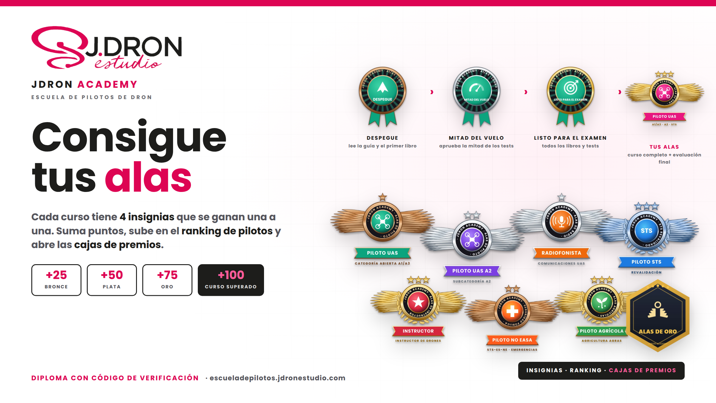 JDRON Academy: consigue tus alas. Insignias, ranking y cajas de premios en cada curso.