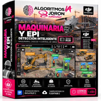 Caja del algoritmo de IA Obra: maquinaria y personal equipado de JDRONESTUDIO para drones DJI Enterprise, licencia de 1 año